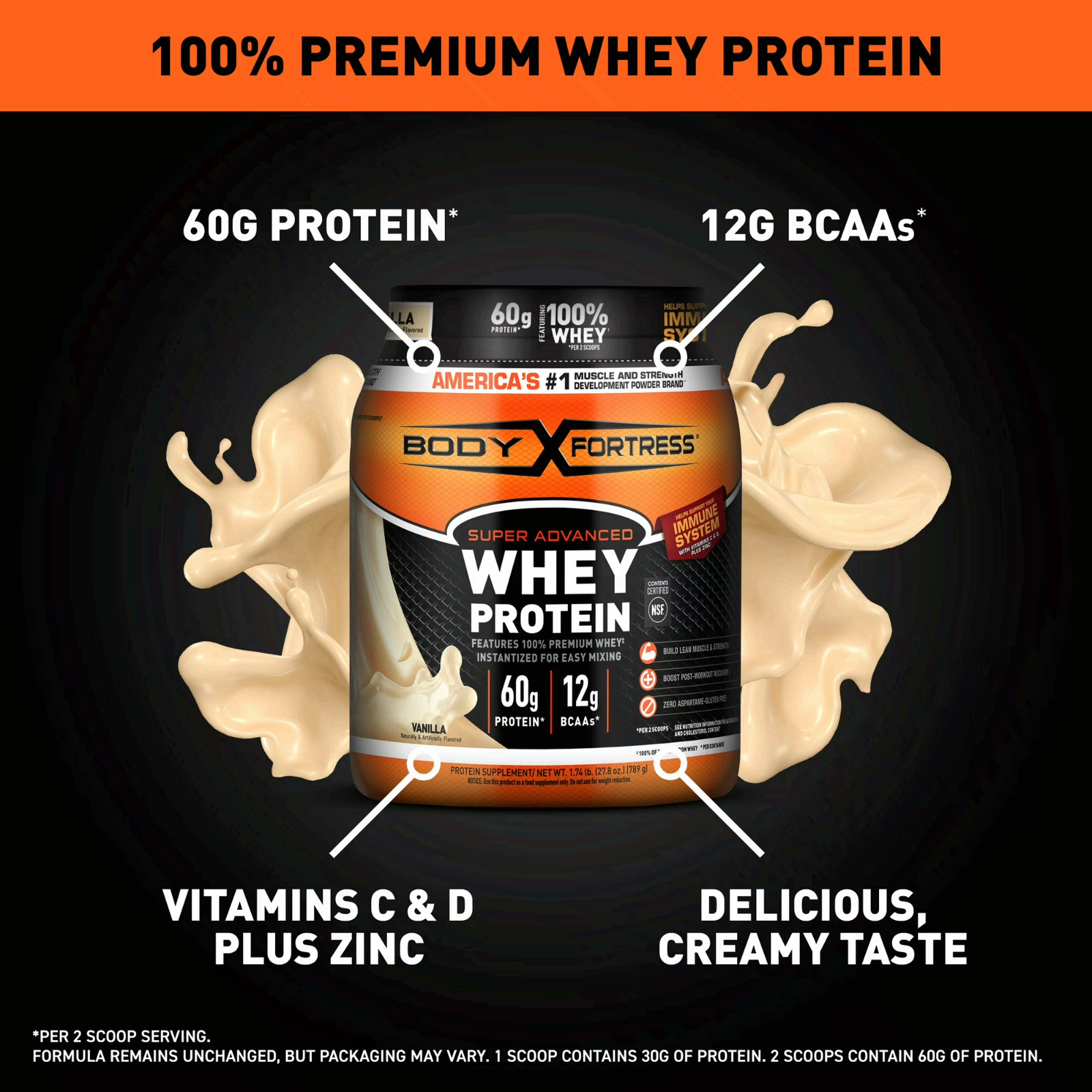 2 Pack Body Fortress Super Advanced Premium Whey Protein Powder, Vanilla, 1.74lb