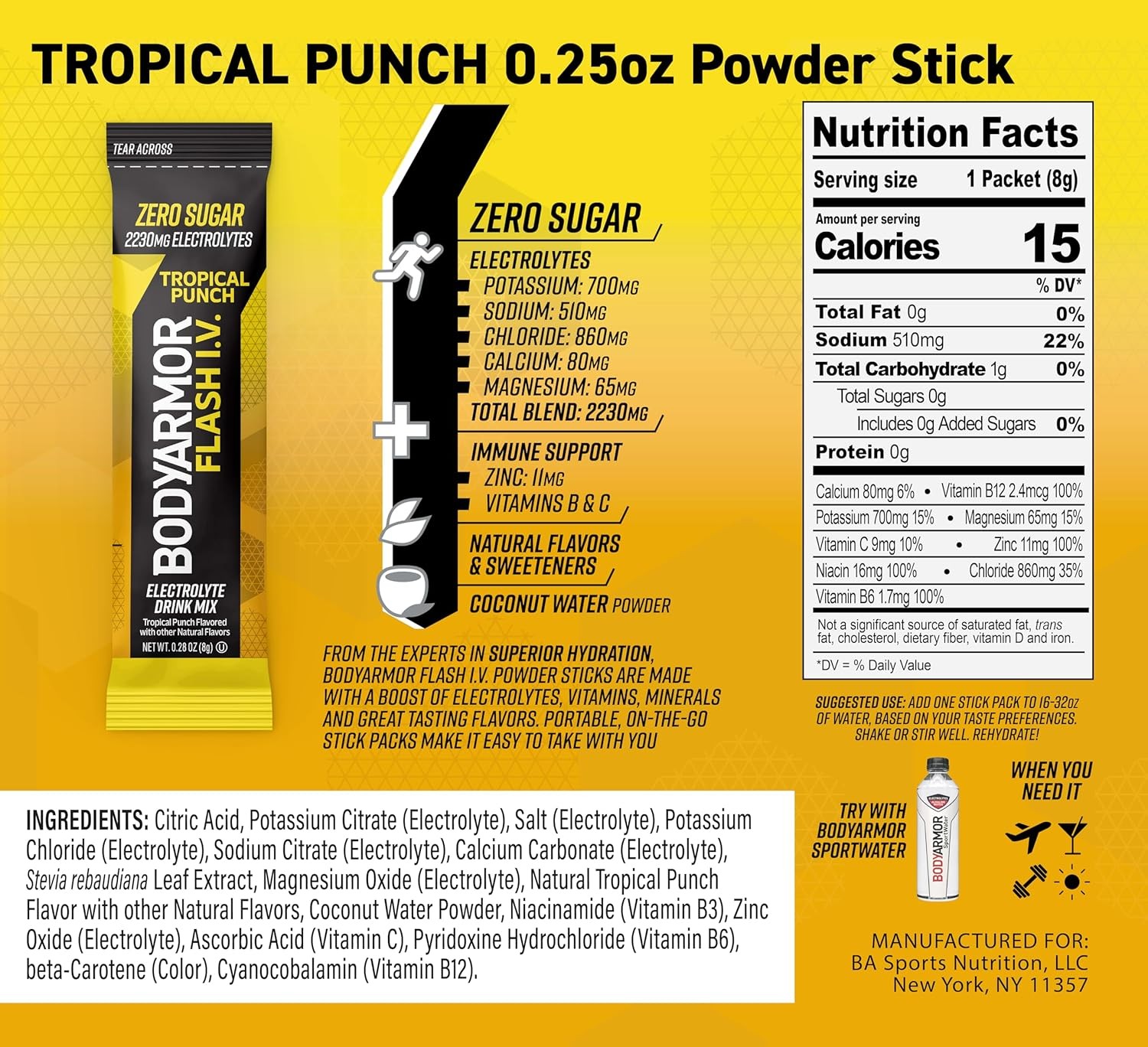 BODYARMOR Flash IV Electrolyte Packets, Tropical Punch 3.75 Ounce (Pack of 1)