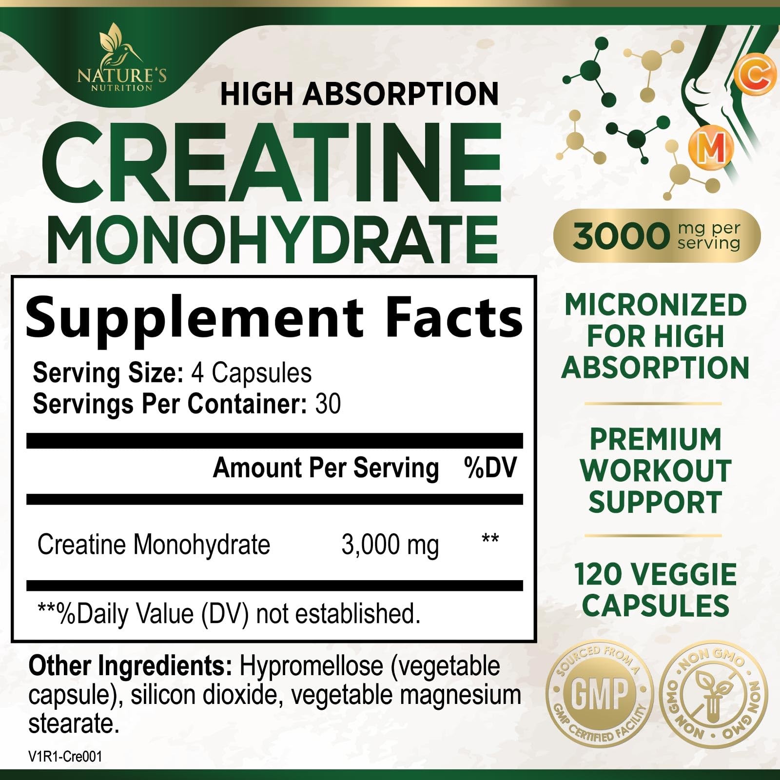 Creatine Monohydrate 3000mg Per Serving – Micronized 120 Count (Pack of 1)
