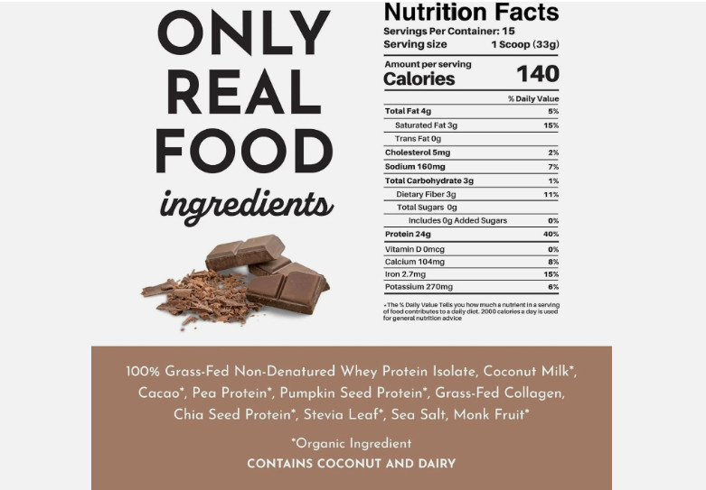 Just Ingredients Chocolate Protein Powder, 24g Protein, Grass-Fed Whey