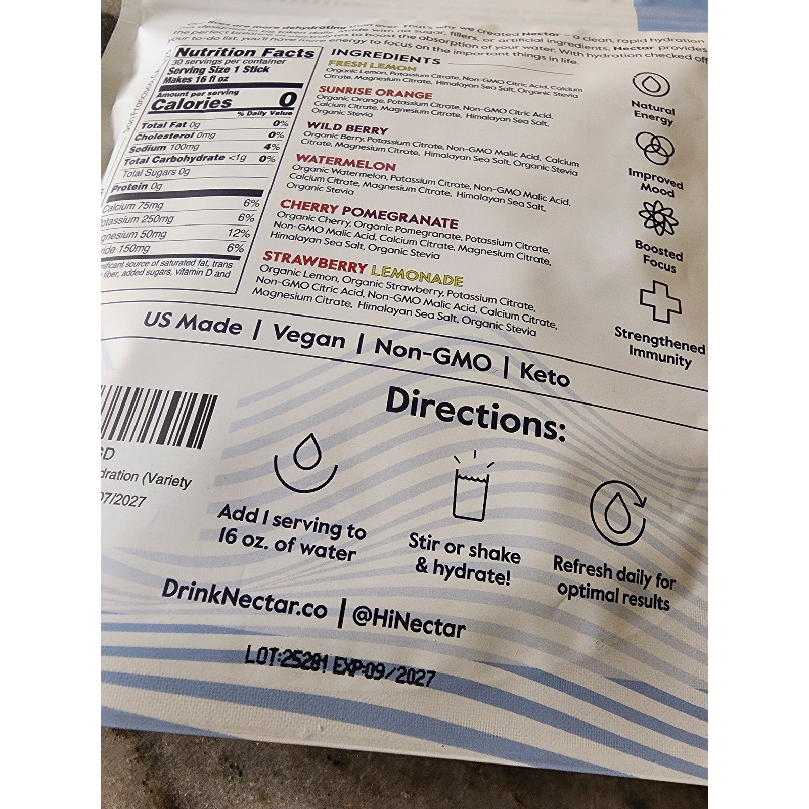 Nectar Essential Daily Hydration Variety Pack 30 Sticks Sugar Free Electrolytes