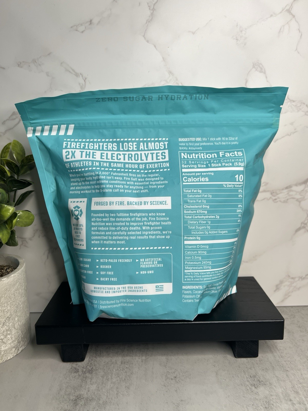 Fire Salt Chocolate Electrolyte Powder Sticks Zero Sugar Keto Paleo Vegan 32ct