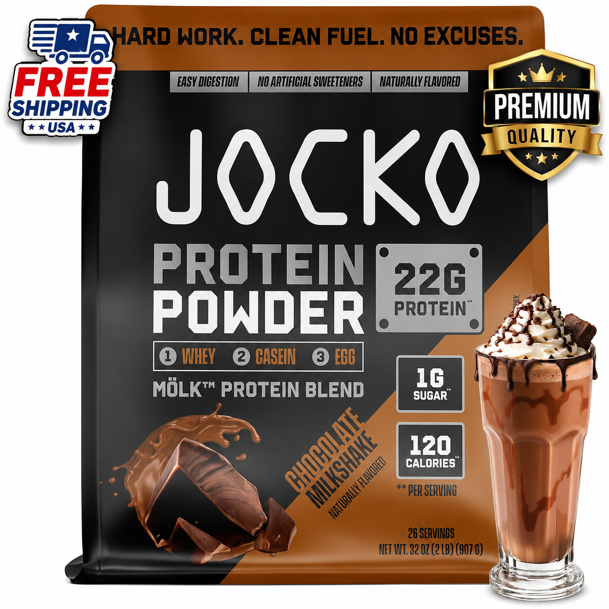 Jocko Fuel Whey Protein Powder Chocolate Milkshake 22g Protein 26 Servings