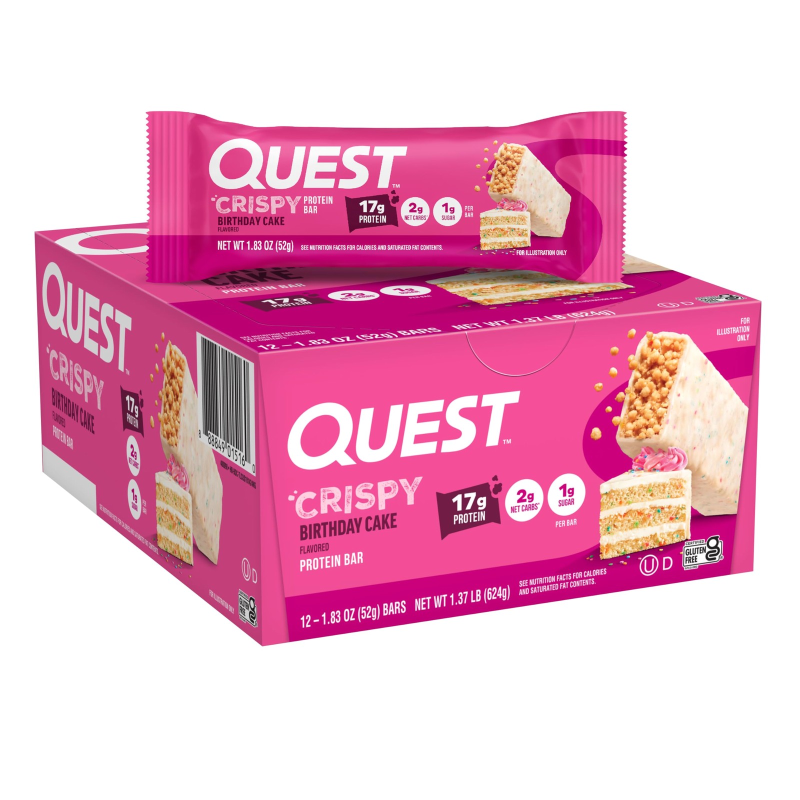 Quest Nutrition Crispy Birthday Cake Protein Bar, 17g Protein, 1g 12 Count
