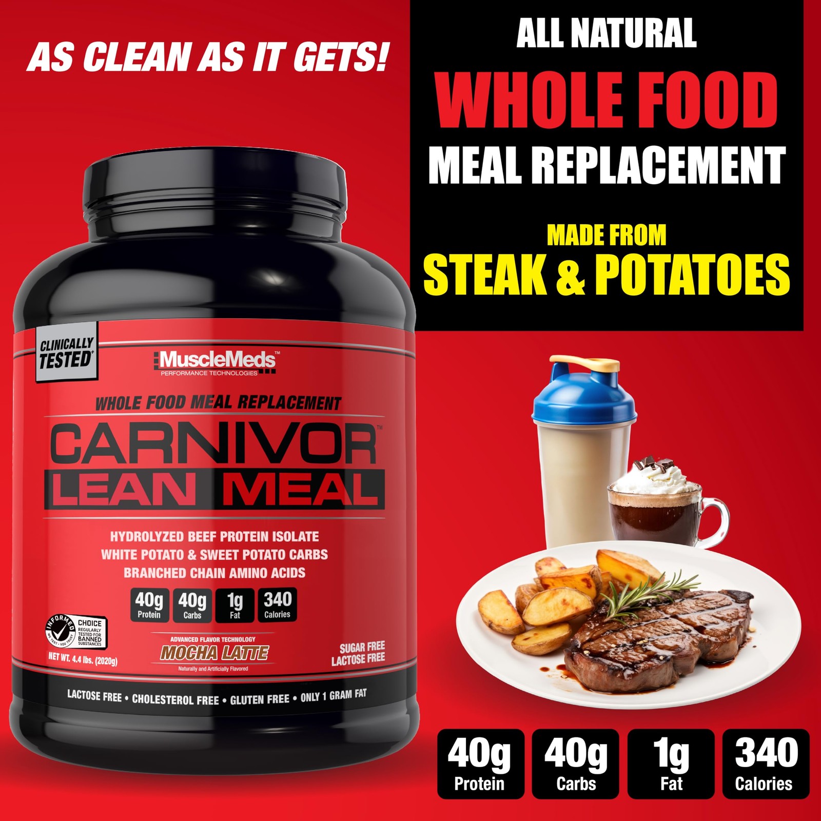 Musclemeds Carnivor Lean Meal Whole Food Meal Replacement Shake Mre Beef