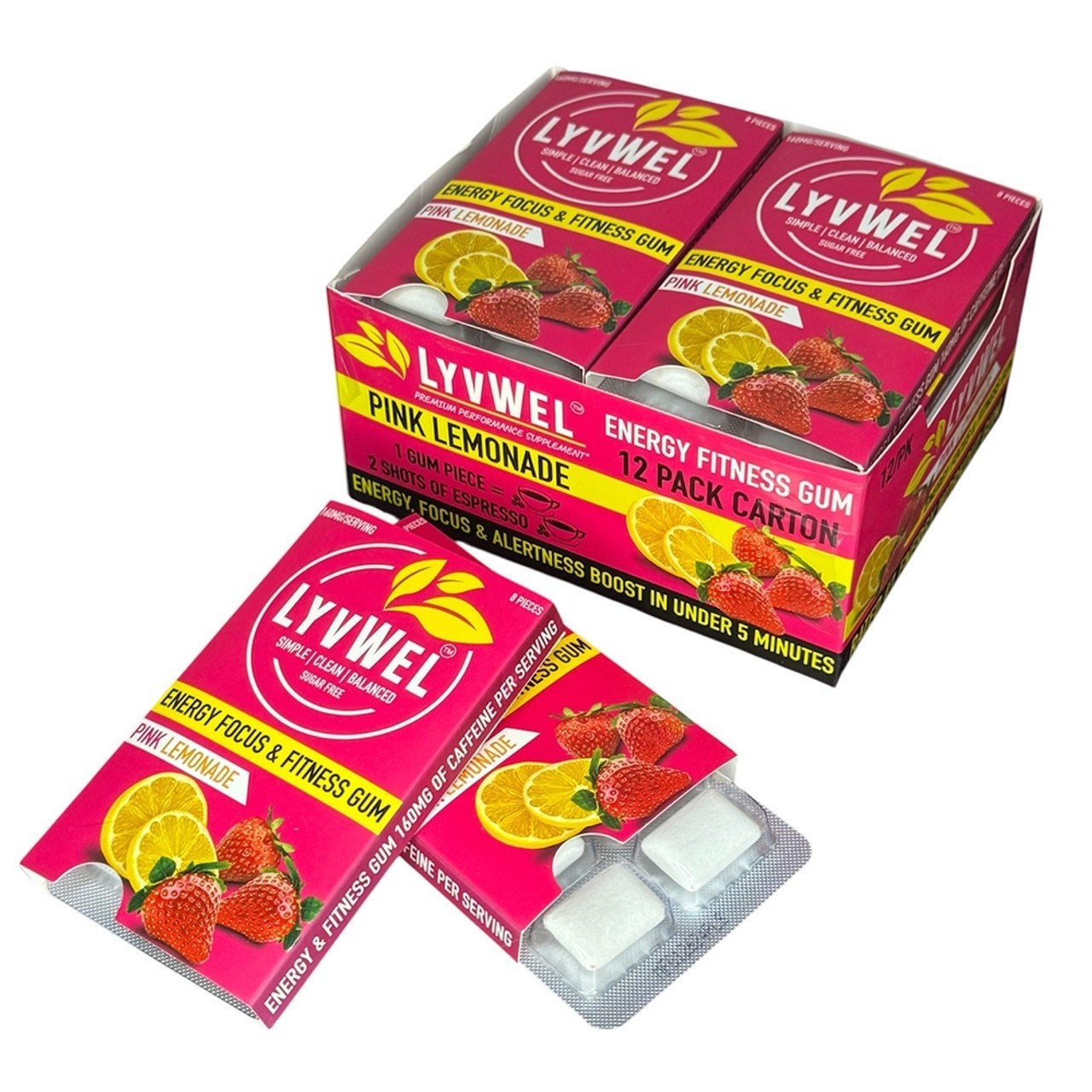 LyvWel Energy Focus & Fitness Gum, 8-Piece Per Pack, 12-Pack Per Box