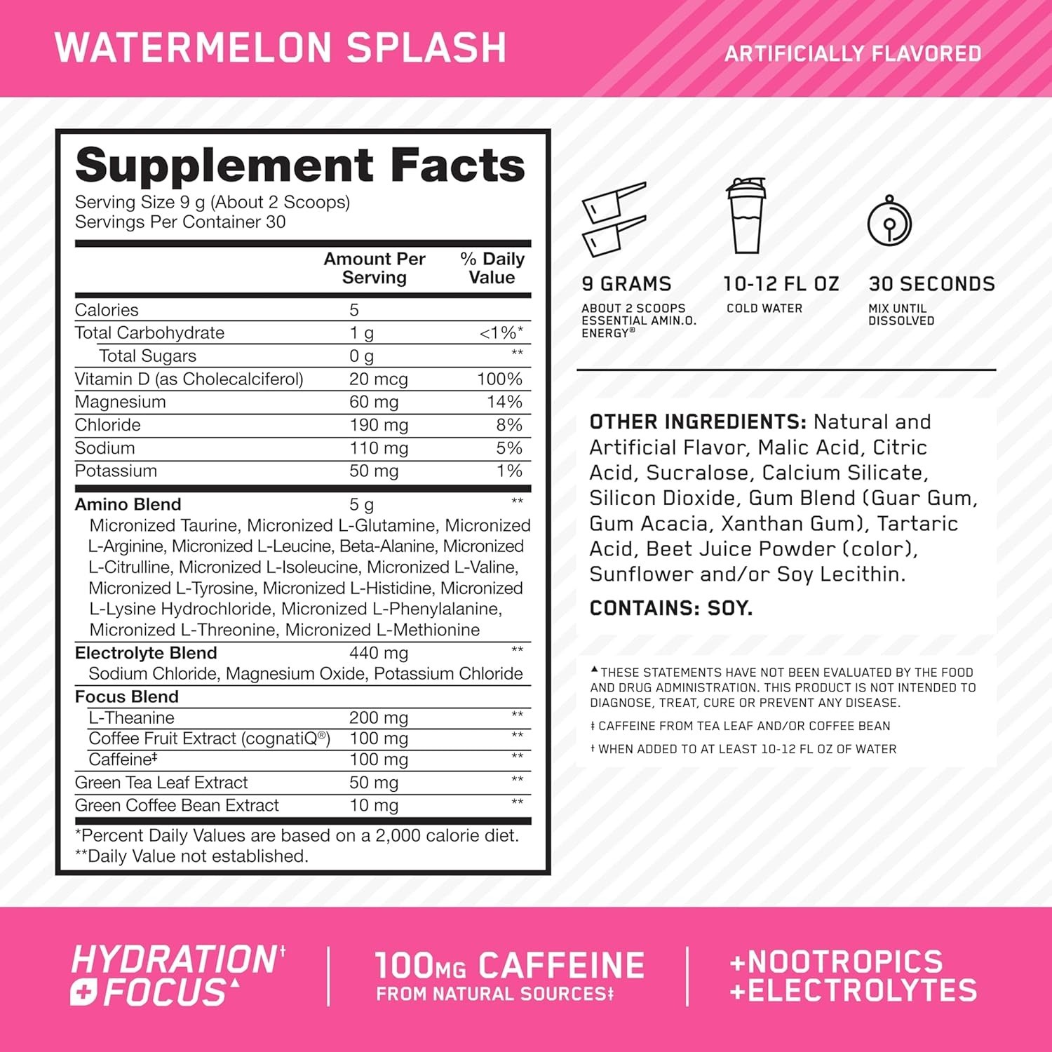 Energy & Focus Enhancer – Amino Powder with Electrolytes, 30 Servings Watermelon