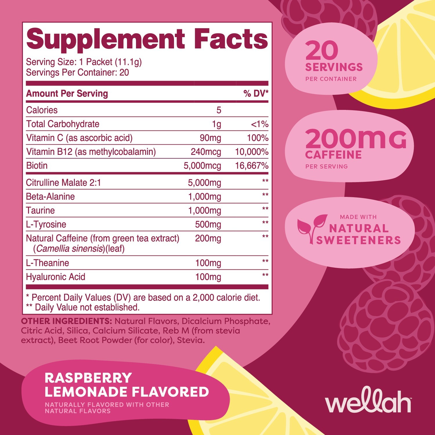 Wellah Get-Going Raspberry Lemonade Flavored Pre-Workout Stickpacks -20 servings