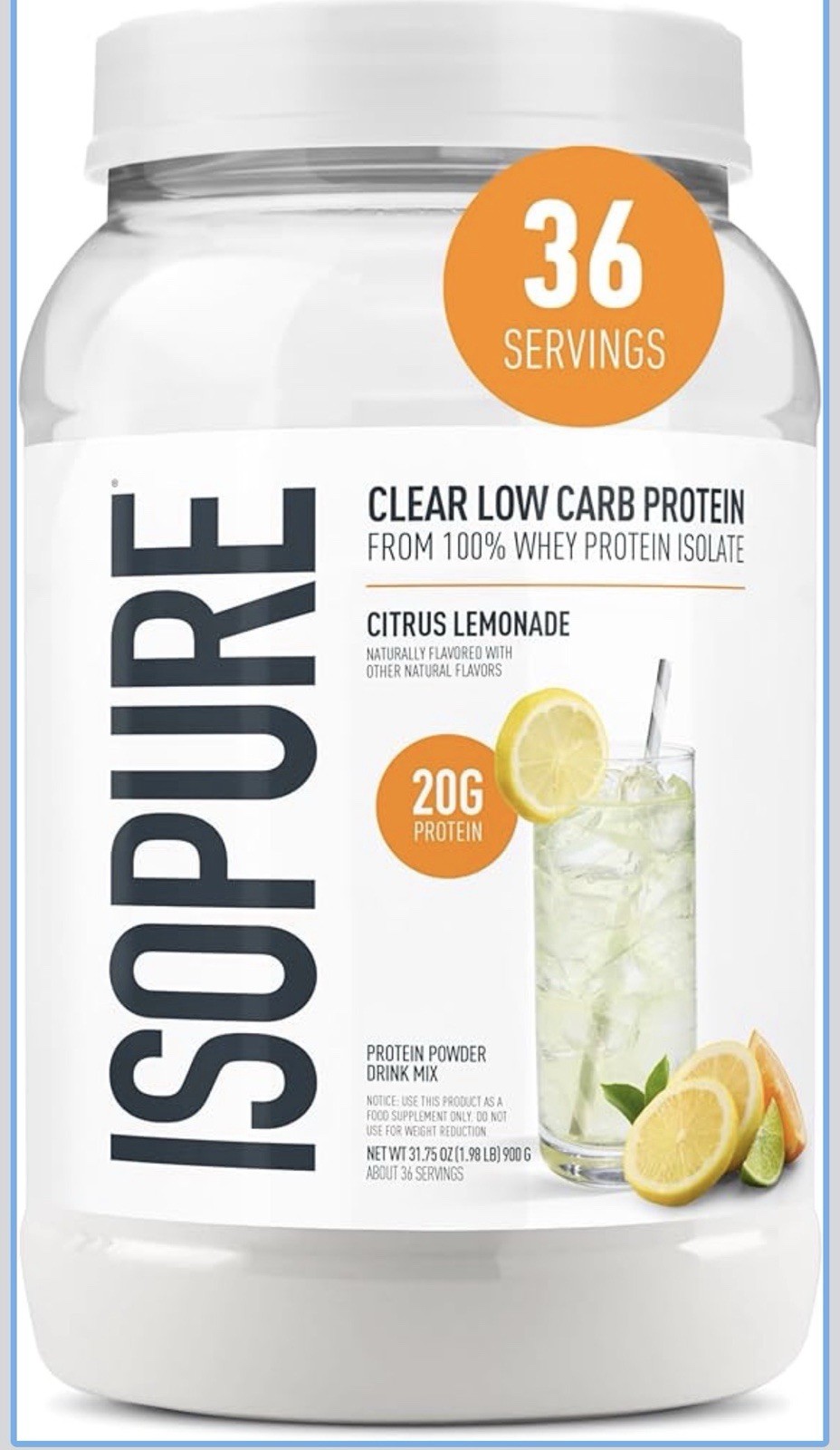 Isopure Clear Whey Protein Isolate Powder- Citrus Lemonade 36serv 31.75oz (900g)