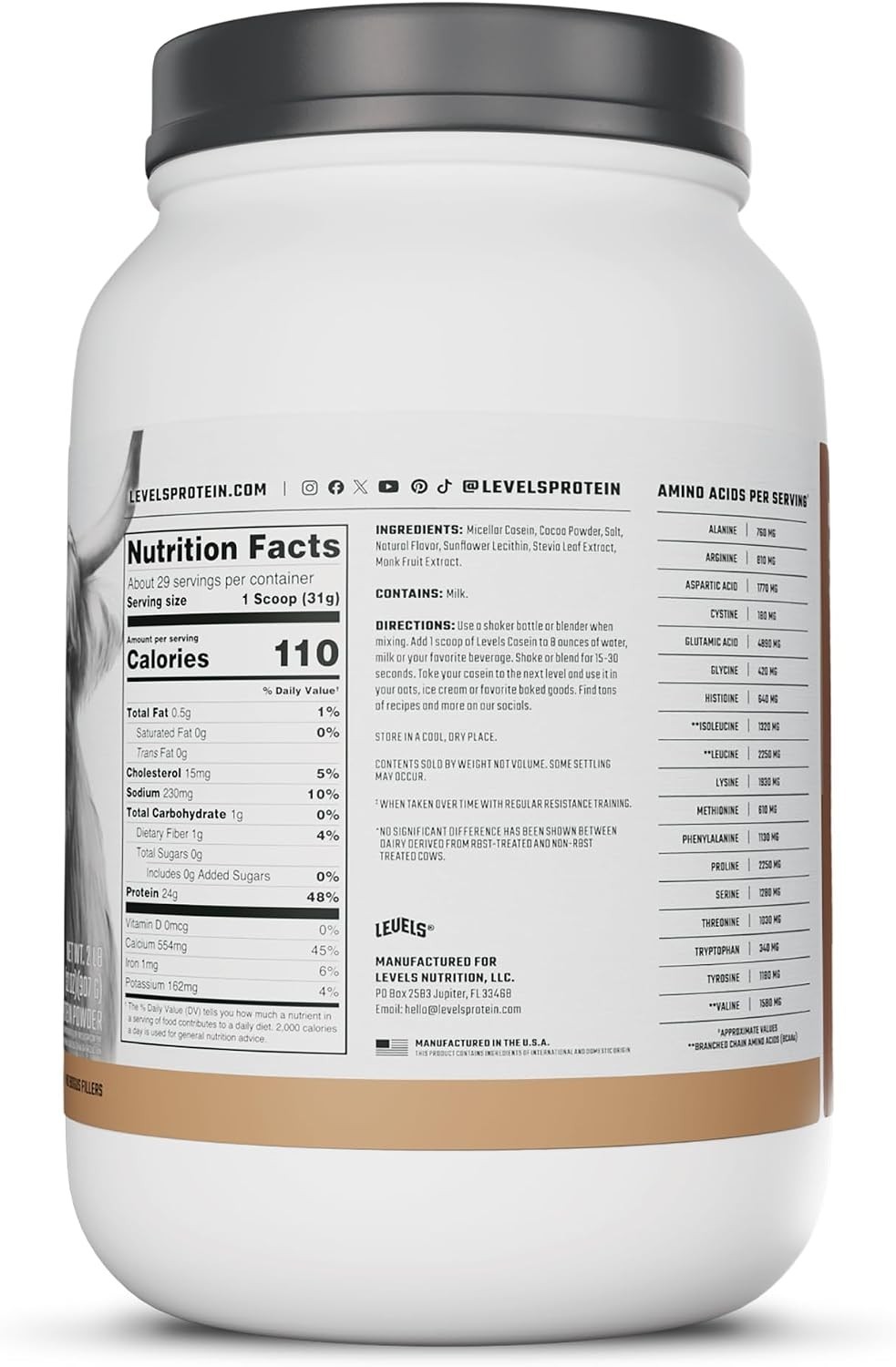 Levels Micellar Casein Protein Powder 2LB Chocolate 24g Protein 5.2g BCAAs