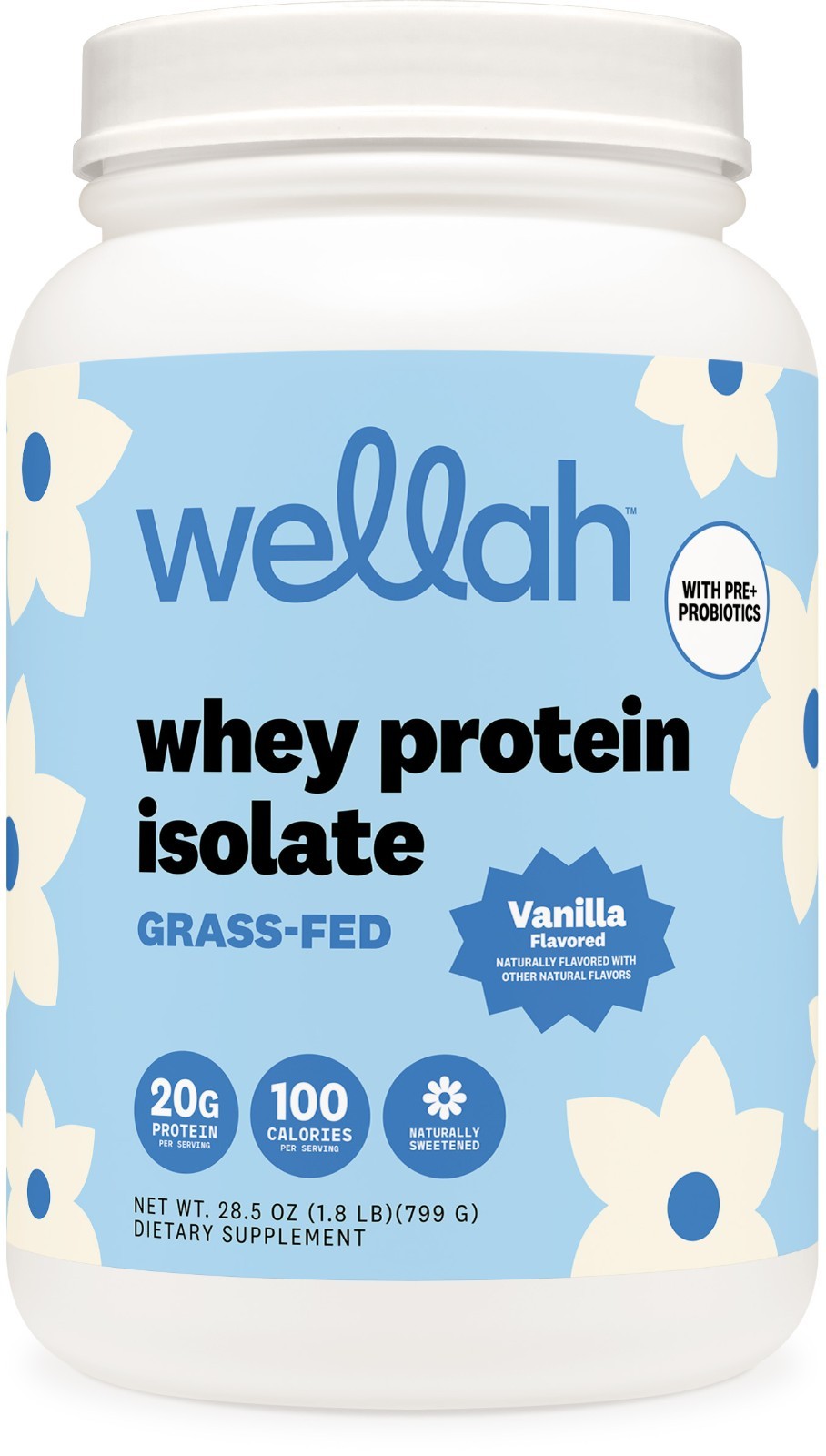 Wellah Grass-Fed Whey Protein Isolate Powder (Vanilla) 30 Servings -100 Calories