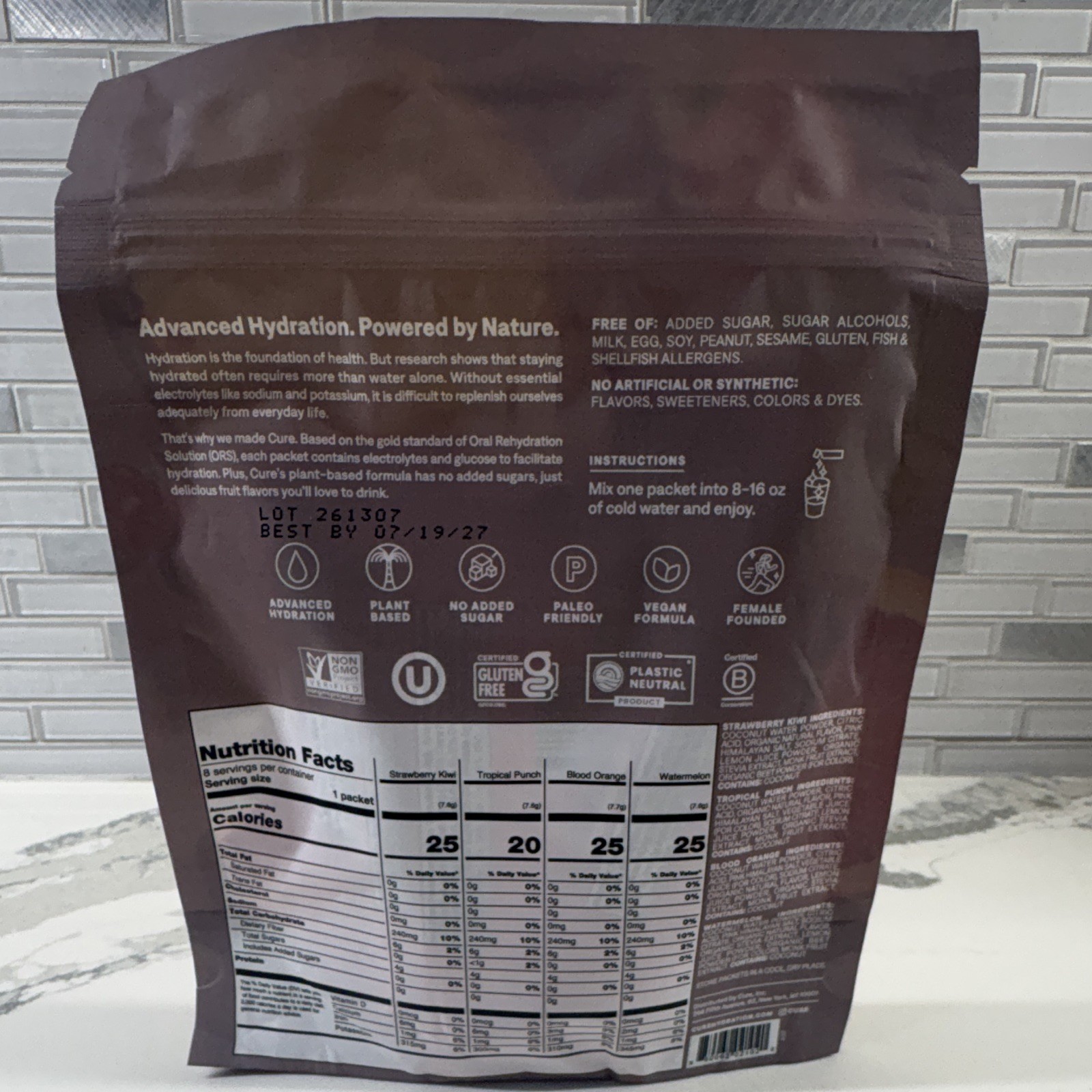 NEW Cure Electrolyte Drink Mix Powder Tropical Variety8 Packets 2.2 oz Exp 07/27