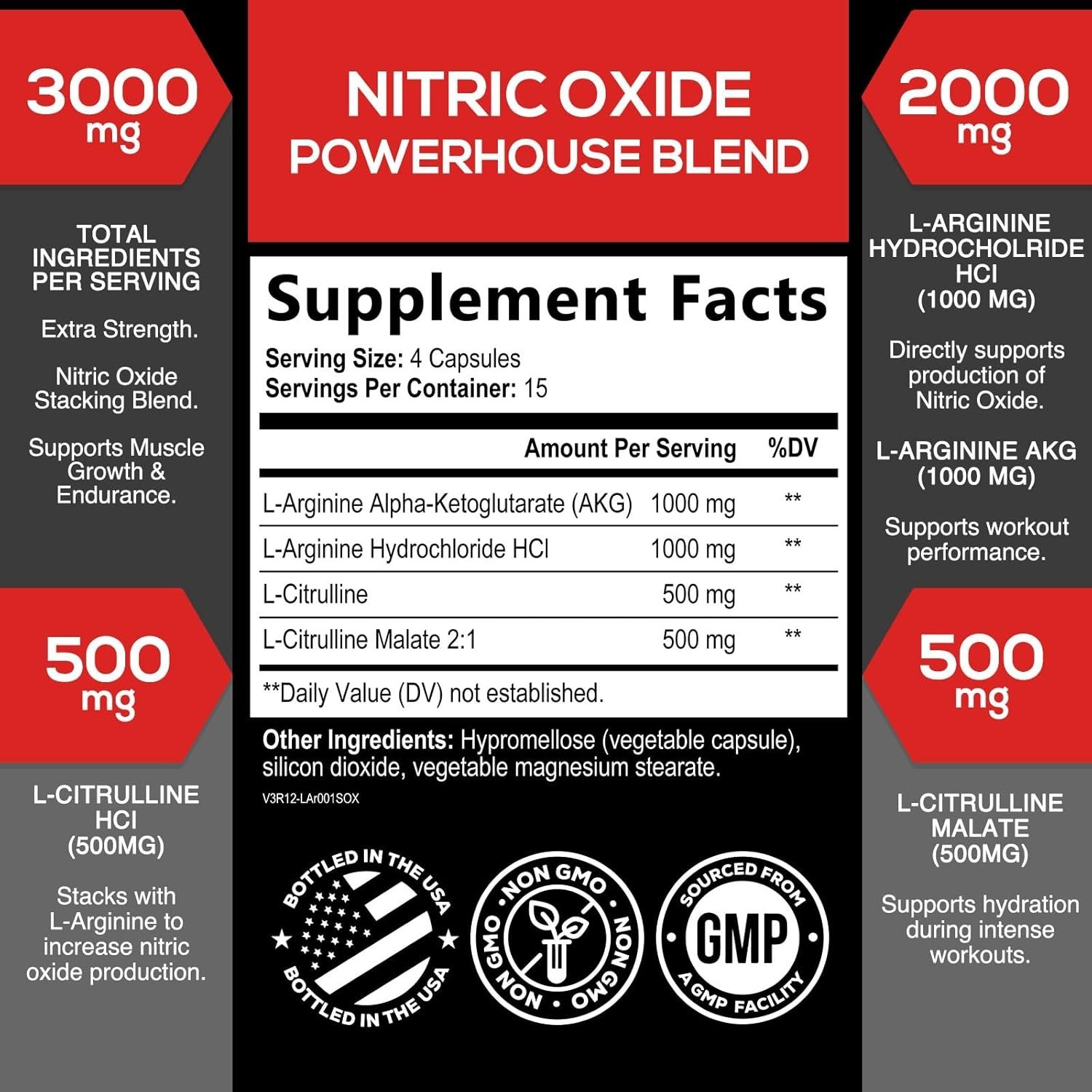 Extra Strength Nitric Oxide Supplement 3X Strength L Arginine, Citrulline Malate