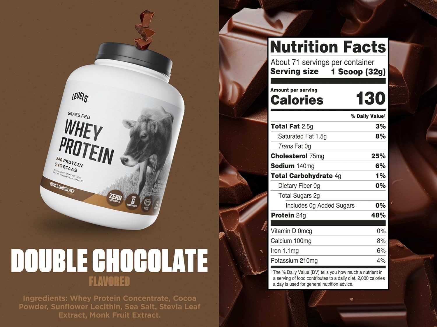 Levels Grass Fed Whey Protein Powder, No Artificials, 24G of Protein, Double Cho