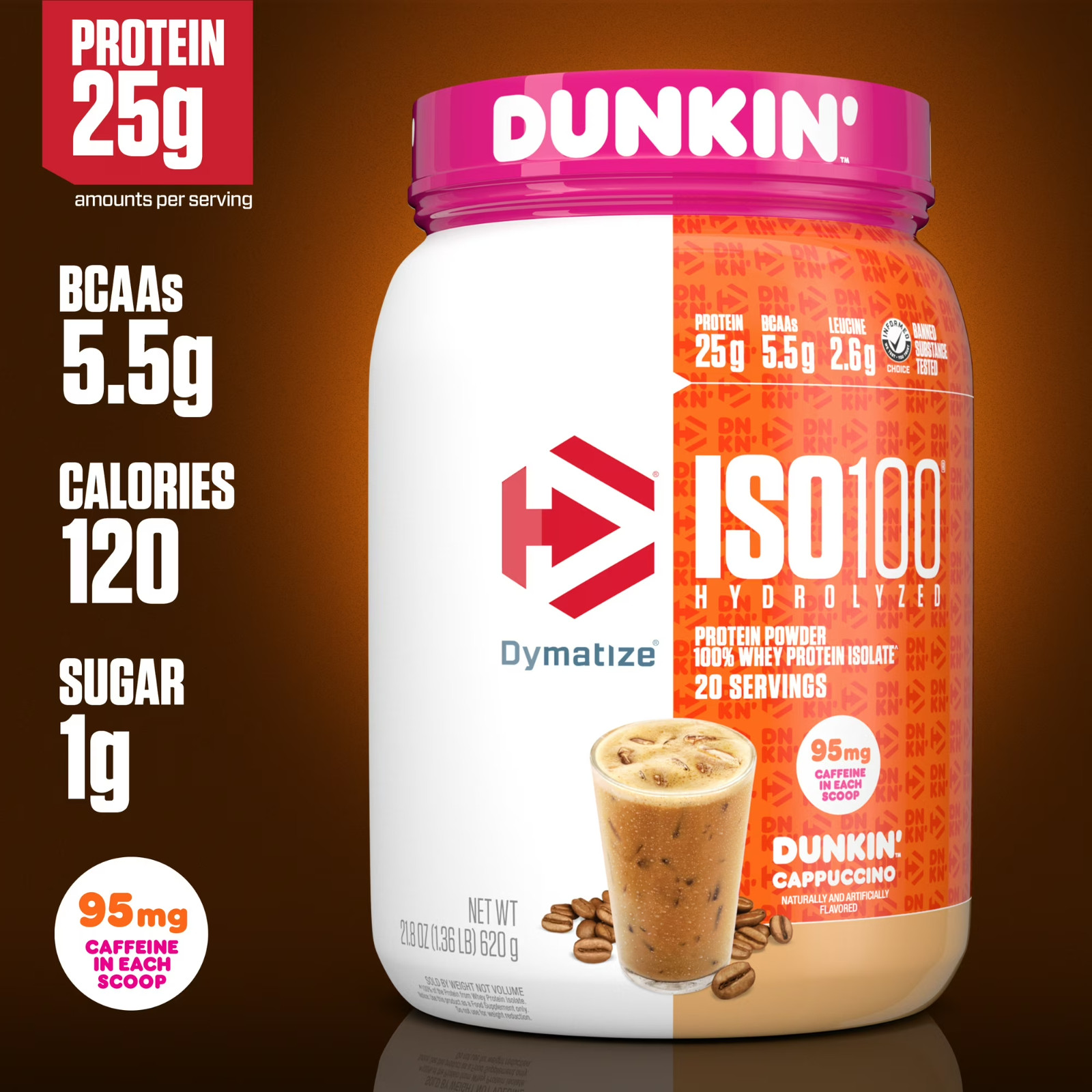 Dymatize ISO100 Hydrolyzed Whey Isolate Protein Powder, Dunkin’ Cappucccino