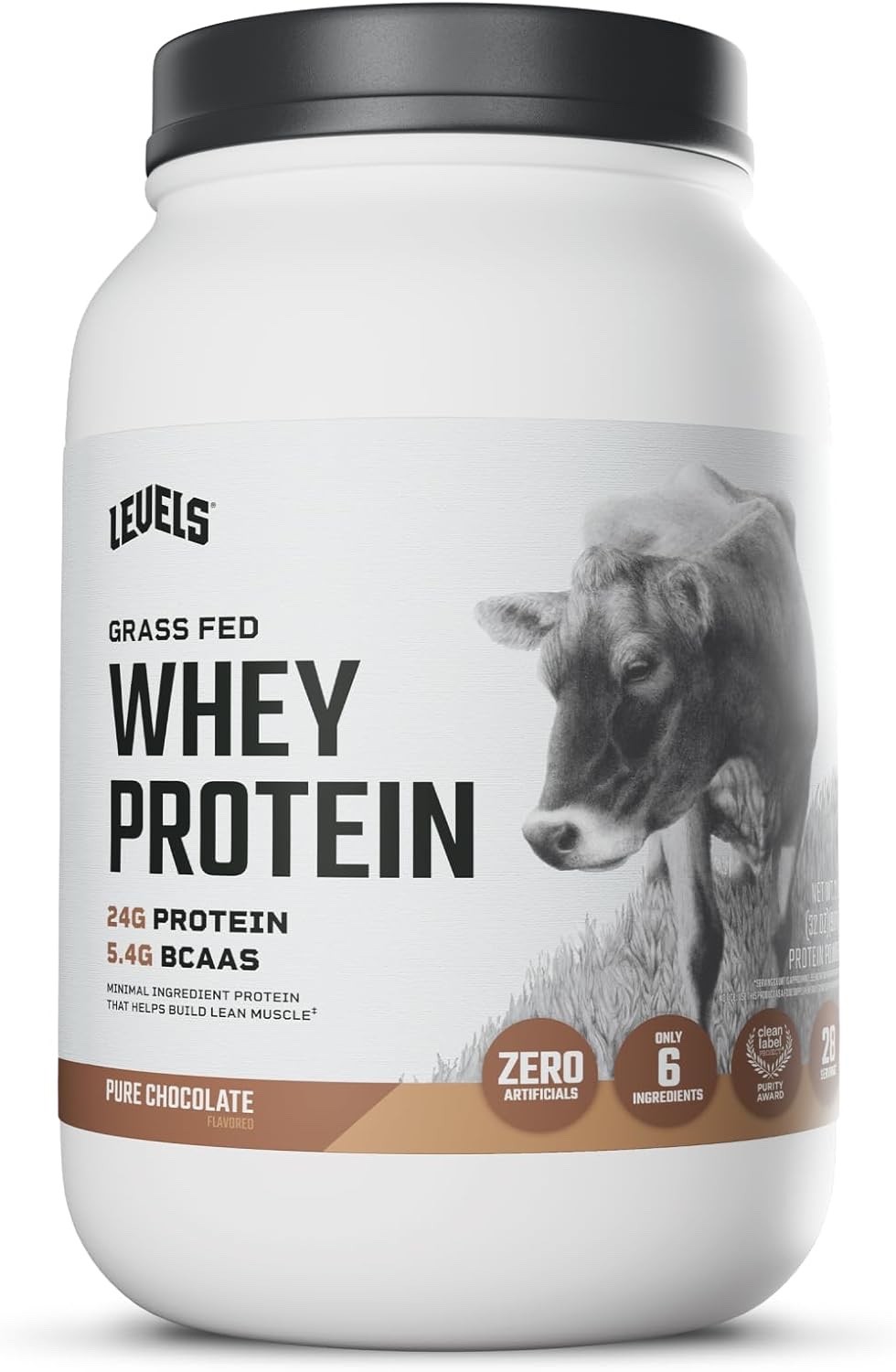 Levels Grass Fed Whey Protein Powder, 24G of Protein, Pure Chocolate, 2LB