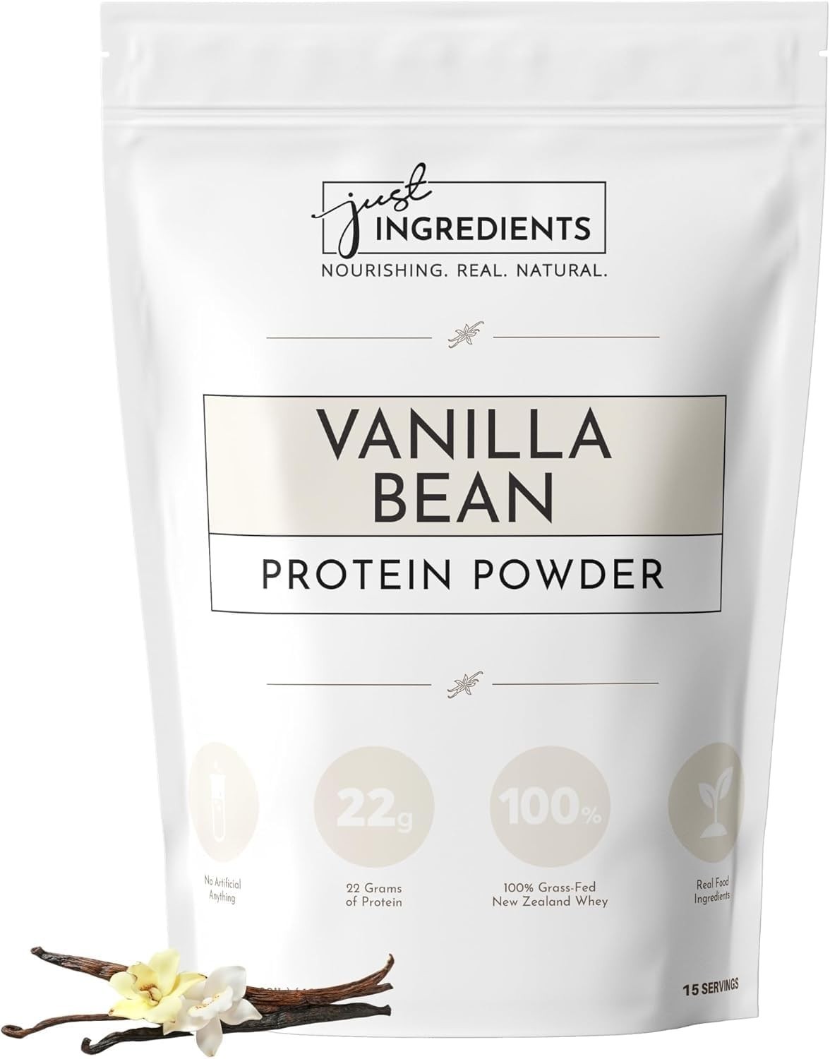 JUST Ingredients Vanilla Bean Protein Powder Casein Free 22g 15 Servings 17.46oz