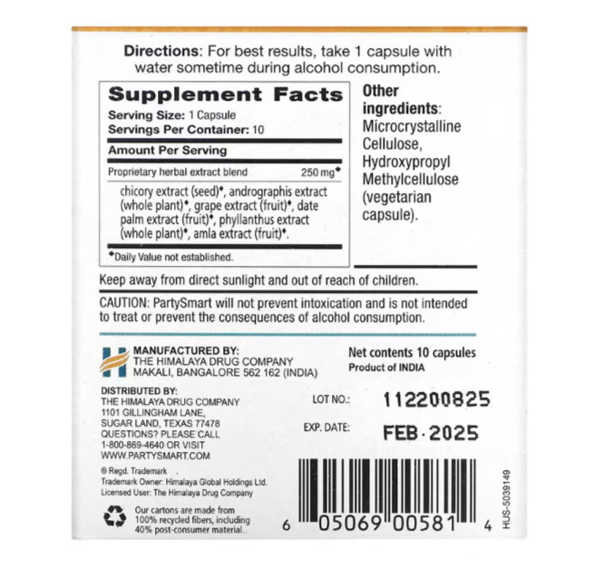 PartySmart Herbal Supplement 10 Packets 1 Vegetarian Capsule Each