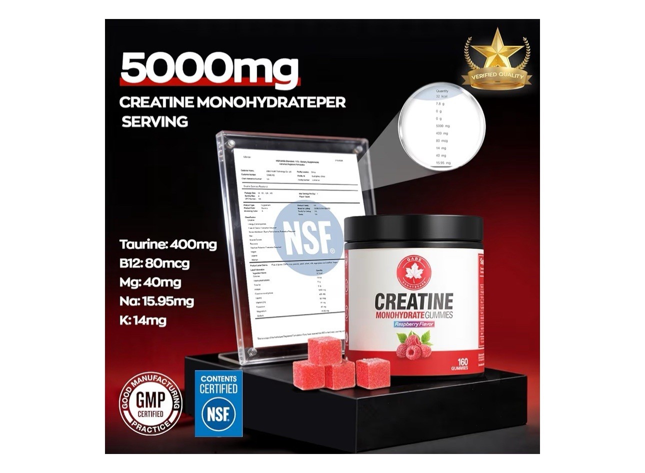 Gabe Sunnybears Creatine Monohydrate Gummies Raspberry 160, 5000mg NSF GMP