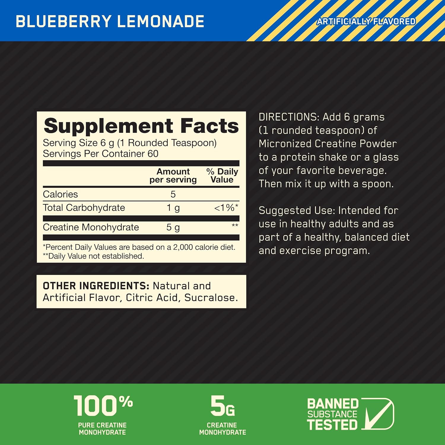 Micronized Creatine Monohydrate Powder, Blueberry Lemonade Creatine, 60 Servings