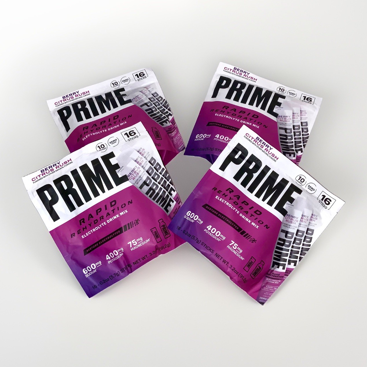 4 PACK LOT Prime Rapid Rehydration Electrolyte Drink Mix Berry Citrus Rush LARGE