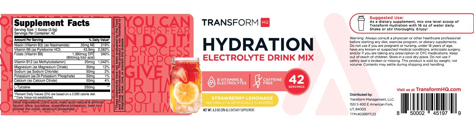 TransformHQ Hydration 42 Servings (Strawberry Lemonade) – Electrolytes
