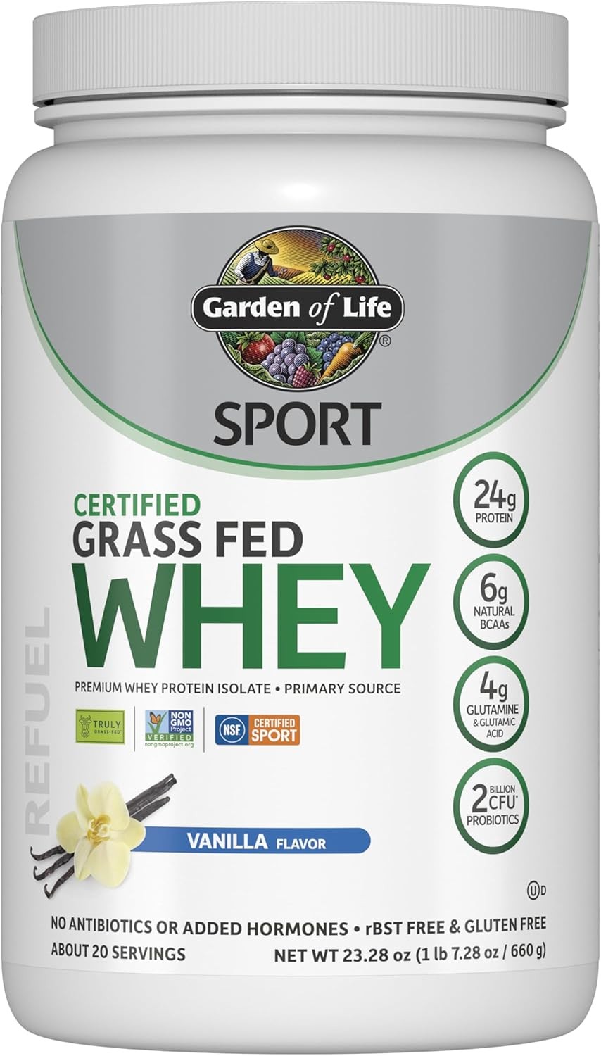Garden of Life Sport Whey Vanilla, Grass Fed Isolate 24g Prot Probiotics 20 Serv