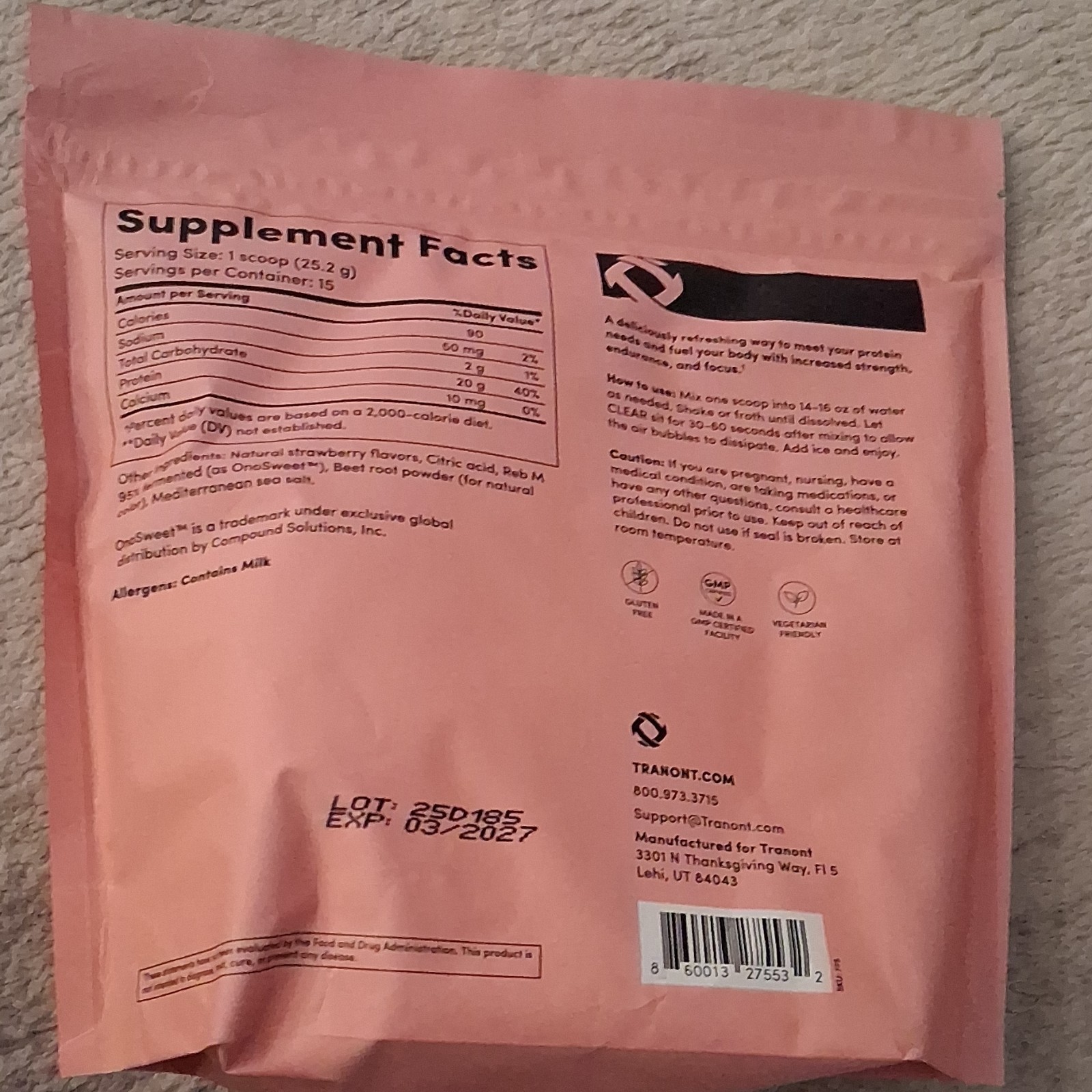 Tranont Clear Whey Protein Powder Strawberry 13.3 oz Gluten-Free 20g Protein