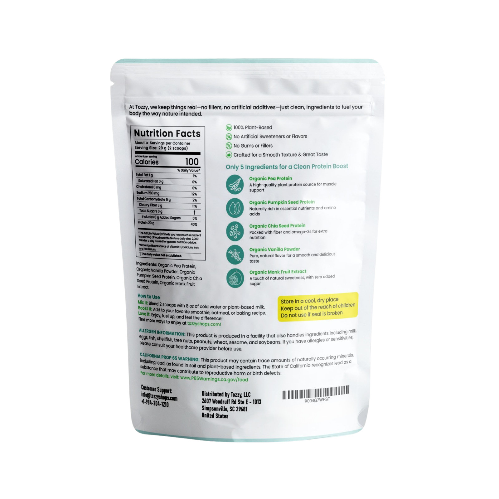 Organic Pea Protein Powder-Vegan, Vanilla, 20g Protein-5 Simple Ingredients-1 lb