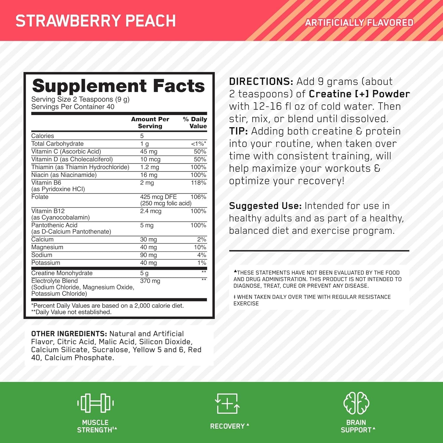 Optimum Nutrition Creatine Monohydrate Plus Powder, Strawberry Peach Flavored Cr