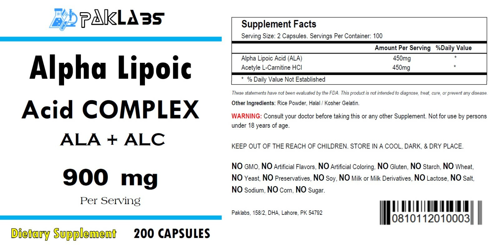 ALA+ALC Complex 900mg Alpha Lipoic Acid Acetyle L-Carnitine 3 BIG BOTTLE 600 Cap