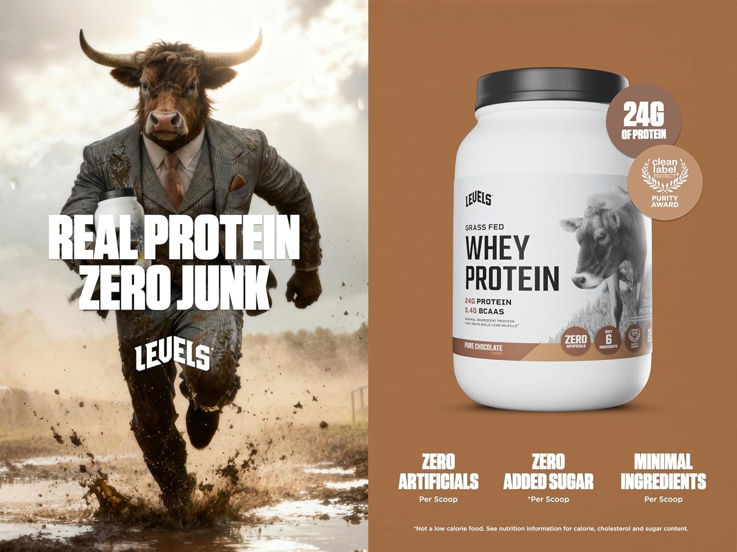 Levels Grass Fed Whey Protein Powder, 24G of Protein, Pure Chocolate, 2LB