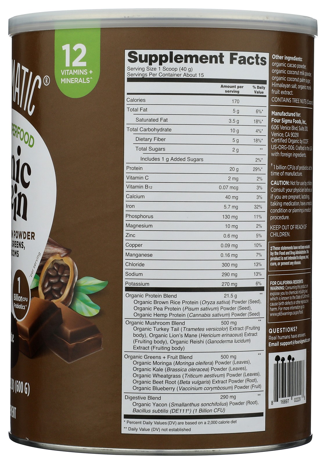 Four Sigmatic Chocolate Organic Protein Powder Plant-Based 21.16 Oz 1 Pack