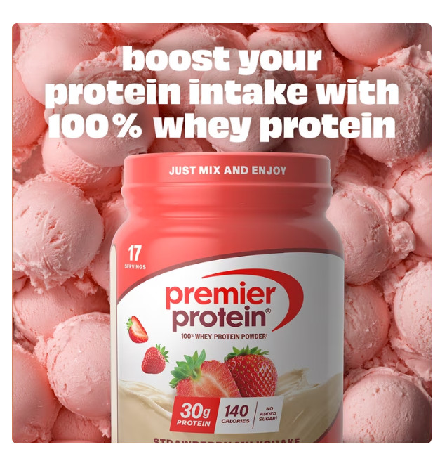Premier Protein 100% Whey Protein Powder, Strawberry Milkshake, 30g Protein, 23.