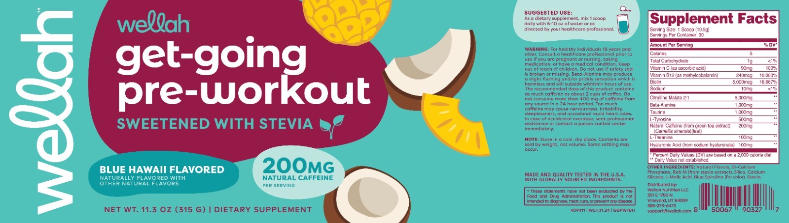 Wellah Get-Going Pre-Workout Drink Mix (Blue Hawaii Flavored, 30 Servings)