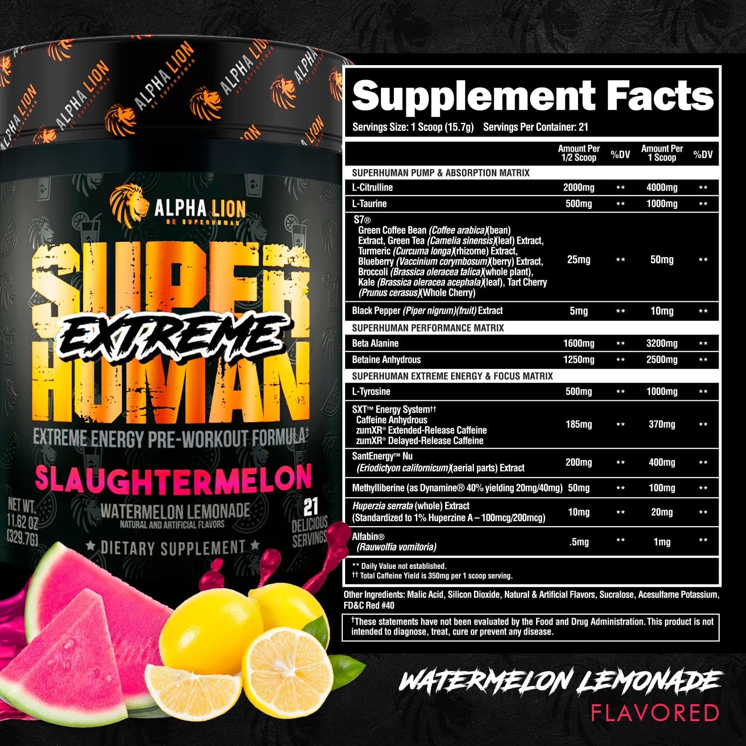 Alpha Lion Superhuman Extreme Pre-Workout Intense, Slaughtermelon (21 Servings)