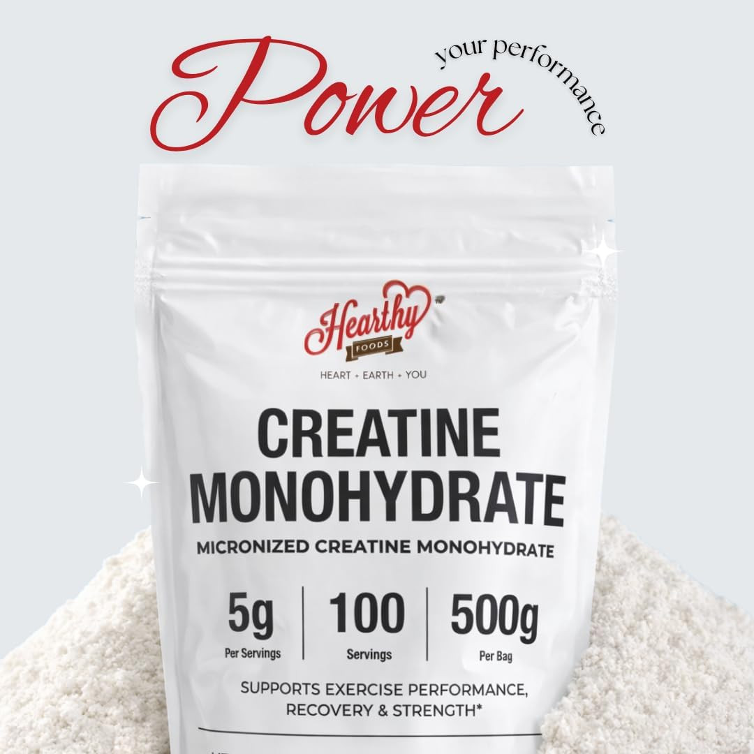 HEARTHY FOODS Creatine Monohydrate Micronized Powder 500G – 100 Servings, 5000mg