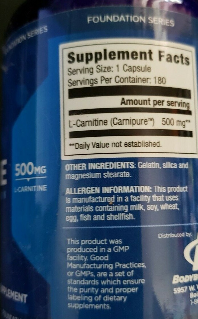 Bodybuilding.com – L-Carnitine – 180 Capsules – Fat burner/Recover – Exp 3/2025