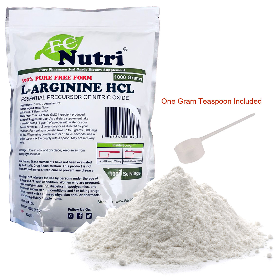 L-Arginine HCL Powder 100%pure 2.2 Lb (1000 grams) By FDC NUTRITION 5 PACKS