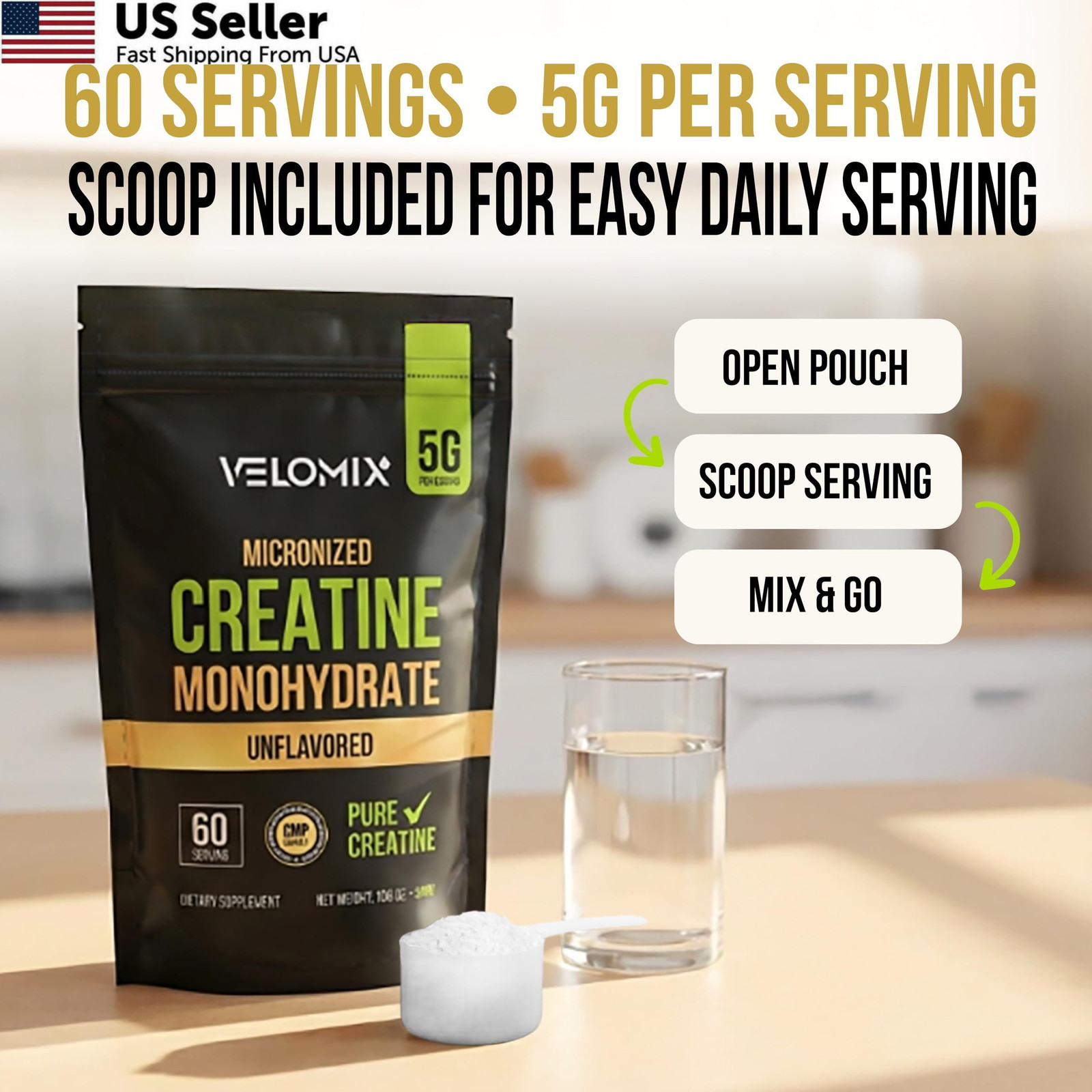 VELOMIX 100% Pure Creatine Monohydrate Powder 5g 60 Servings Micronized FROM USA