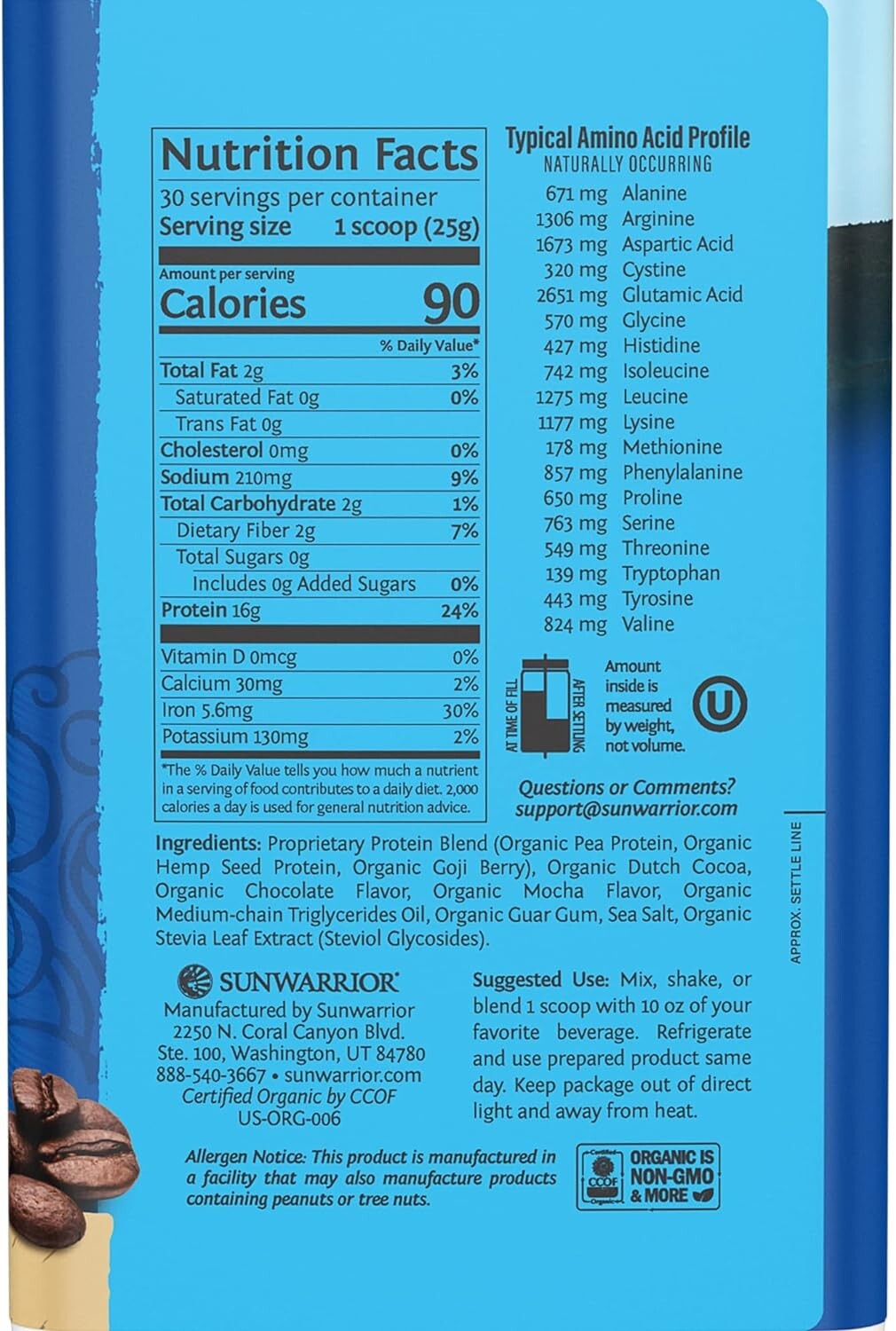 Sunwarrior Warrior Blend Plant-Based Raw Vegan Protein Powder, Mocha, 1.65 lbs