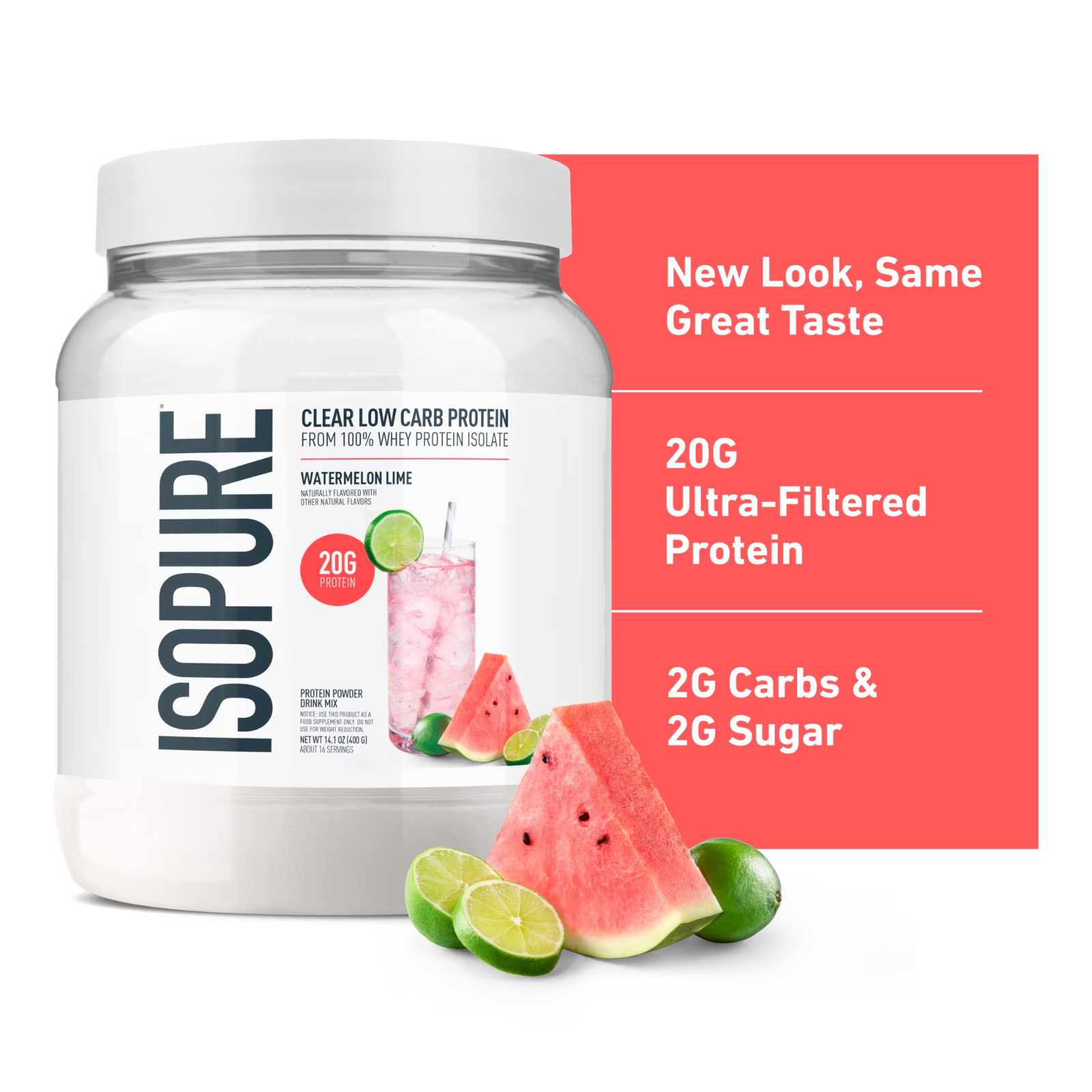 Isopure Clear Low Carb 100% Whey Protein Isolate Powder, Watermelon Lime, 14 Oz