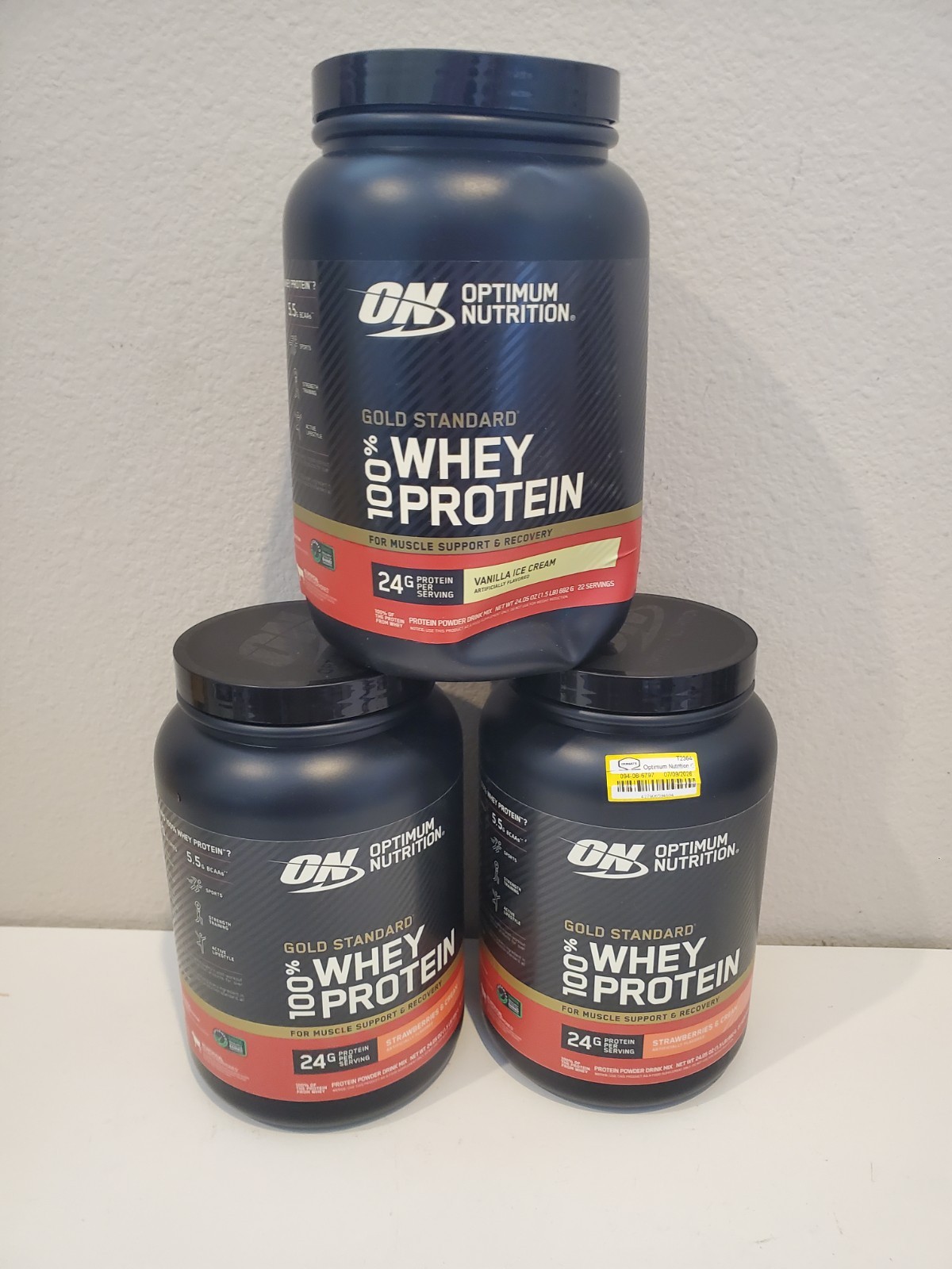 Lot of 3×24 oz Optimum Nutrition 100% Whey Protein, Strawberry, Vanilla Exp 2028
