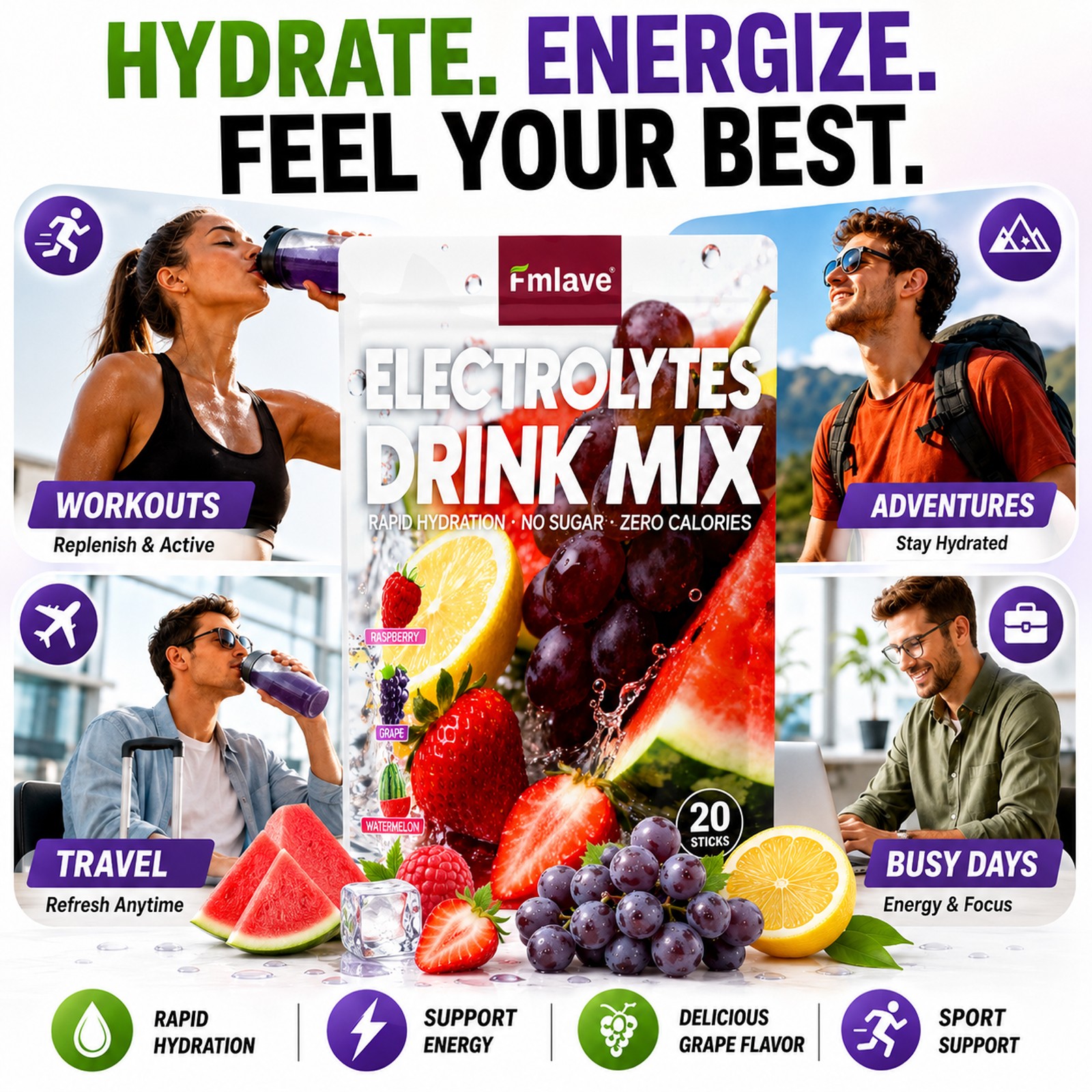 Hydration Mix Sport Drink Powder Sugar Free Essential Electrolyte 20 Sachets