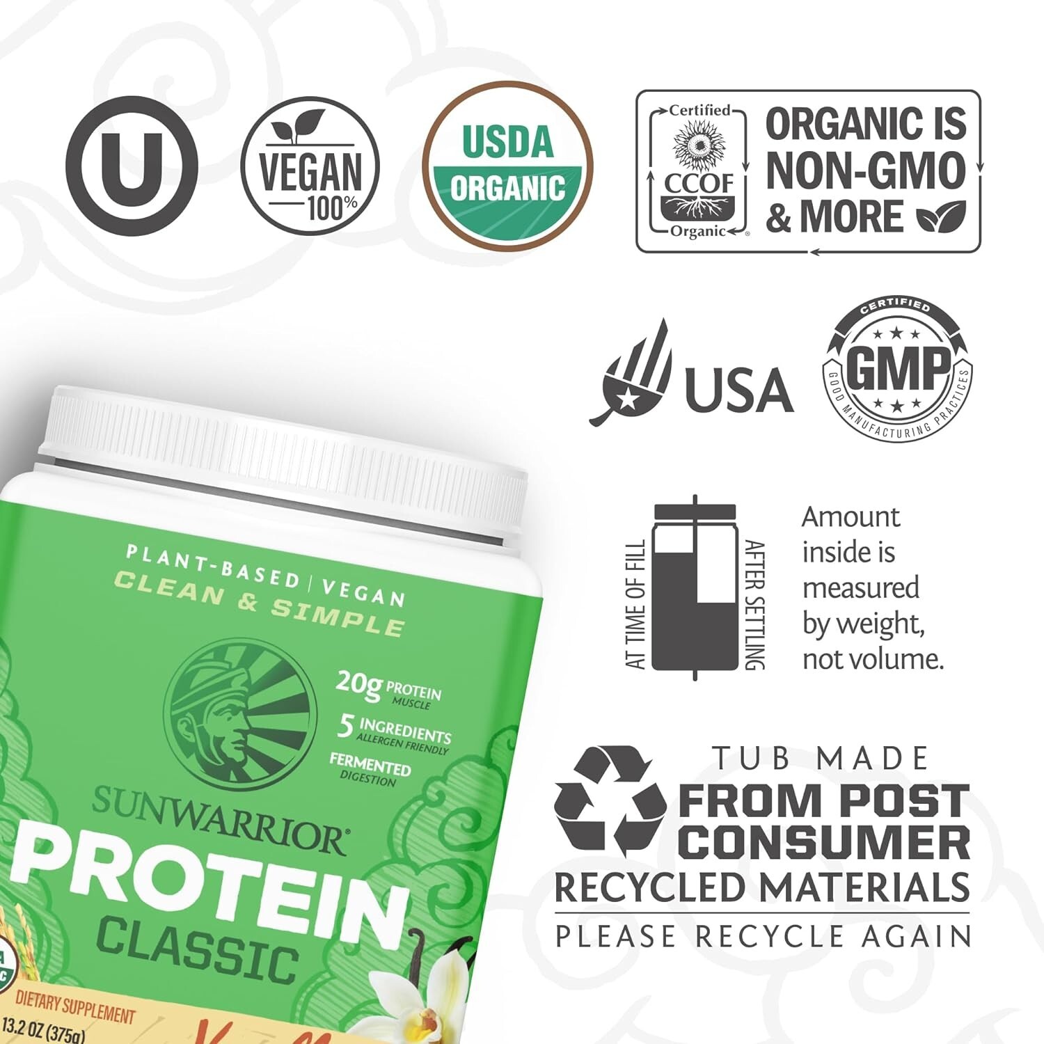 Sunwarrior Organic Classic Vanilla Protein – Plant-Based Protein Powder, 375g