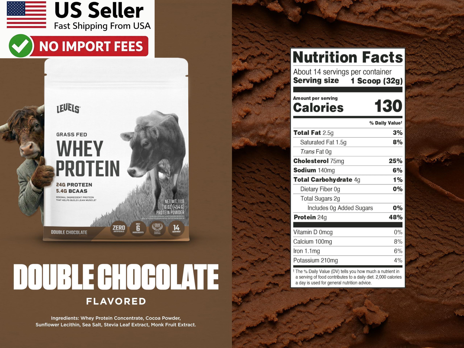 Levels Grass Fed Whey Protein Powder 24G Double Chocolate 1LB No Stuff FROM USA