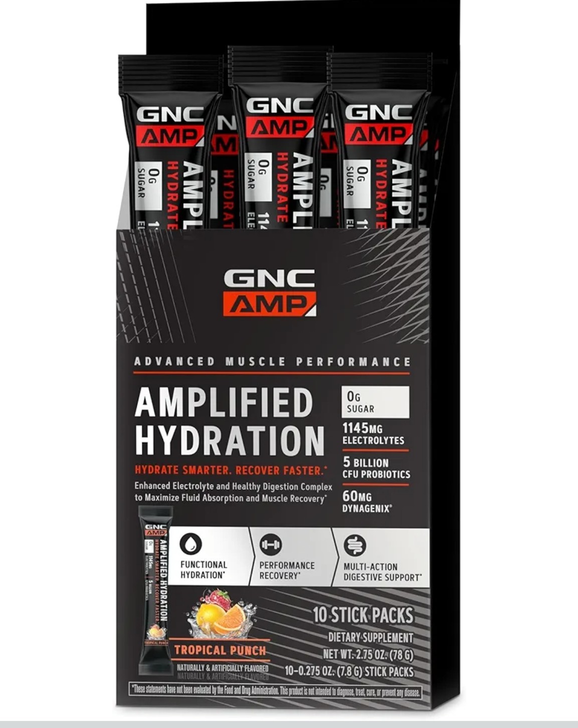 (3) GNC AMP AMPLIFIED HYDRATION 10 Pak X 3 (30 Serv) Tropical Punch BEST BY 5/26