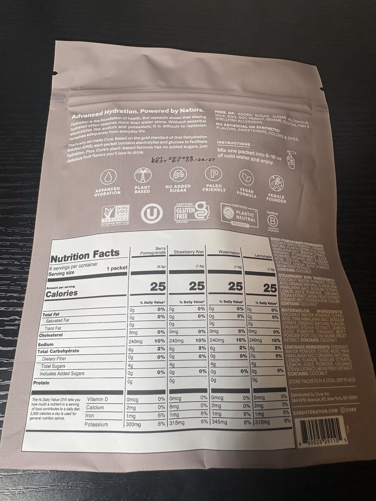 Cure Electrolyte Drink Mix No Added Sugar Vegan Variety Pack 8 Pack 2 oz