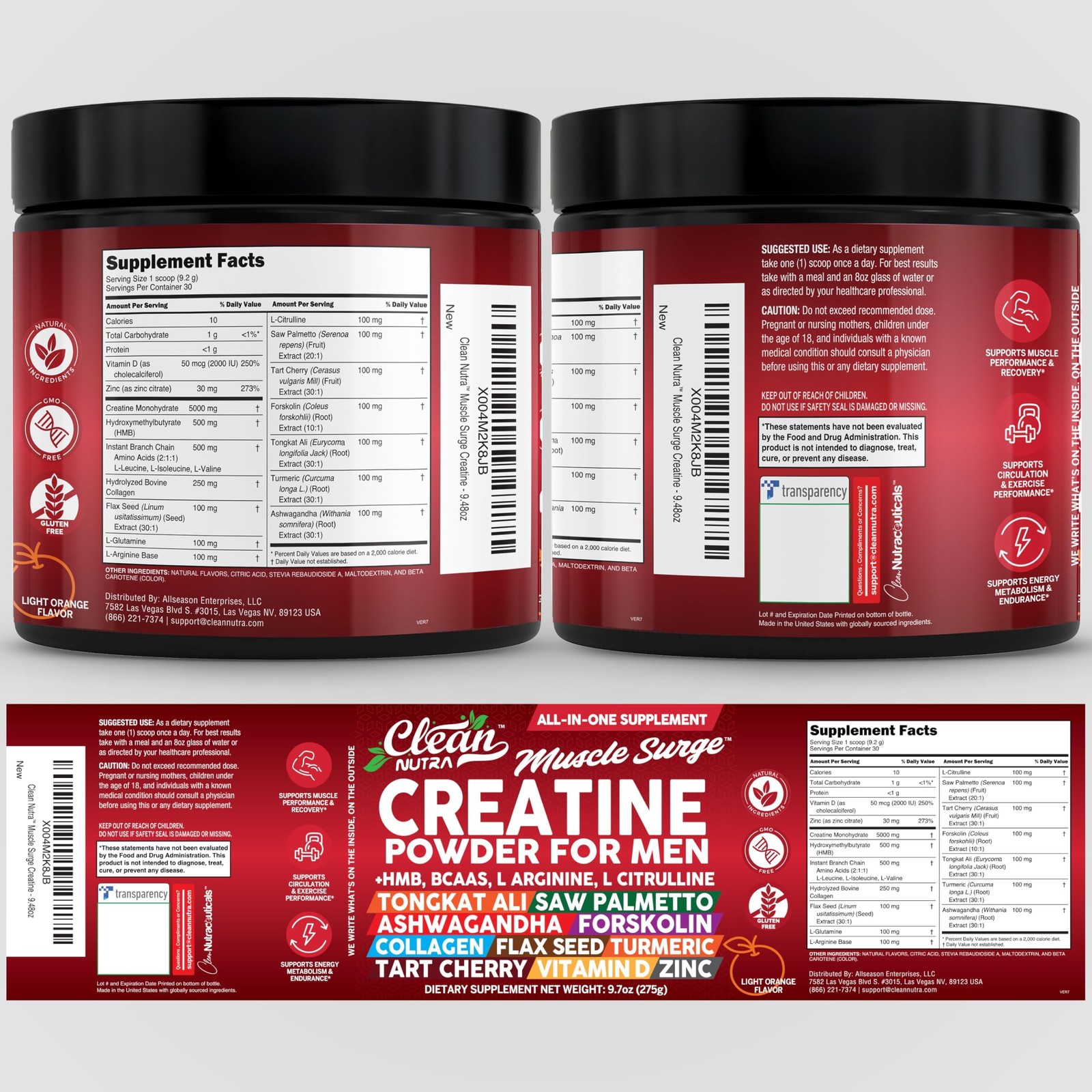 Clean Nutra Creatine Powder for Men + HMB BCAA L 9.87 Ounce (Pack of 1), Red