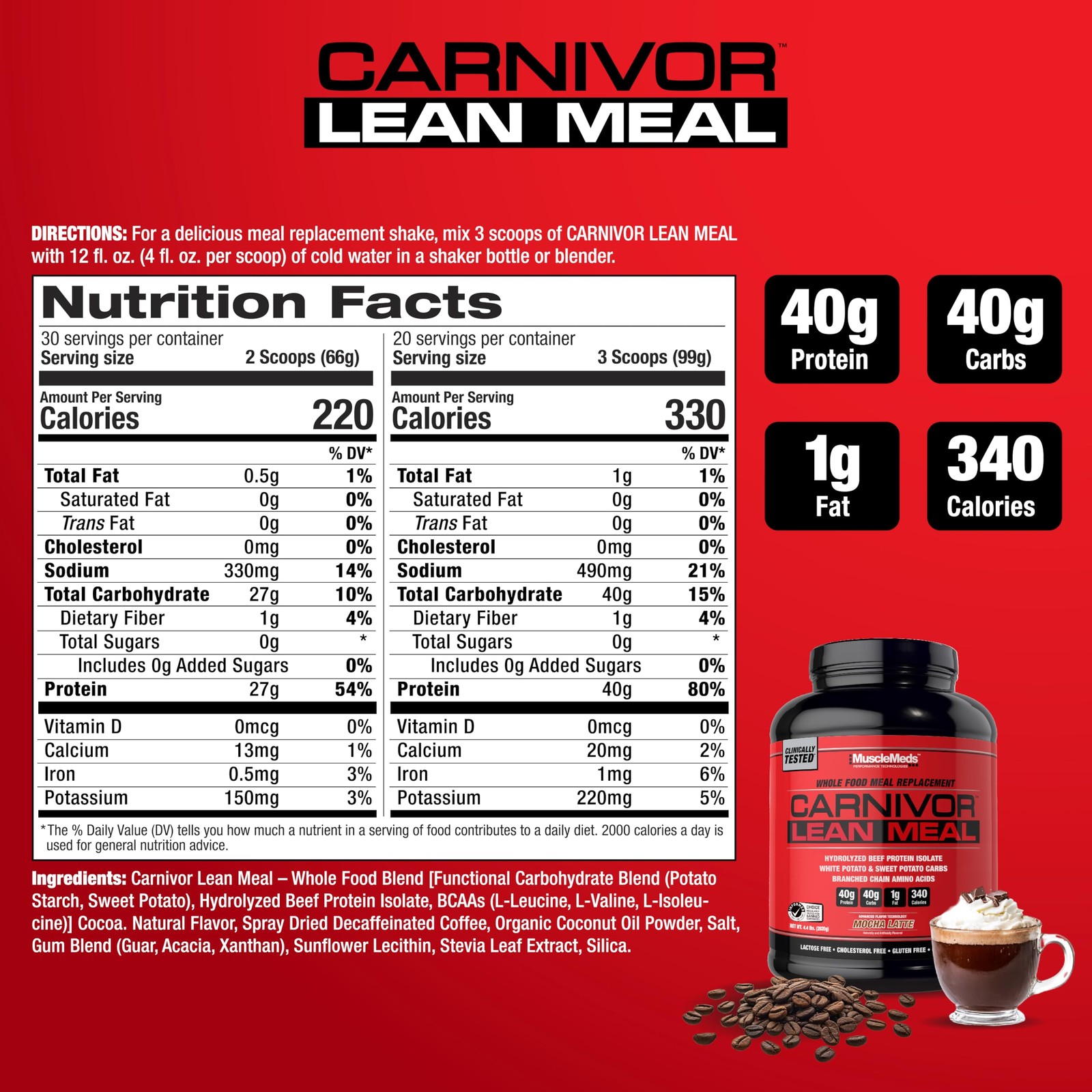 Musclemeds Carnivor Lean Meal Whole Food Meal Replacement Shake Mre Beef